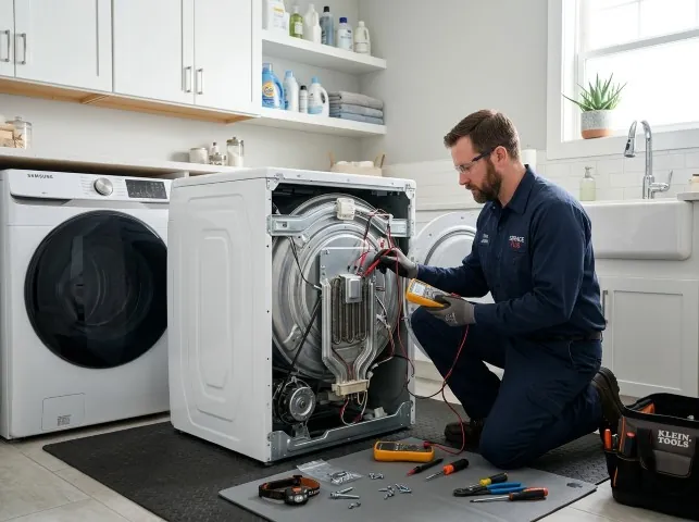 Appliance Repair Hero technician checking a dryer heating element with the rear panel off in Bedford, TX
