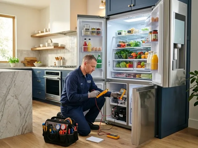 Appliance Repair Hero refrigerator technician testing a fridge on a Bedford, TX service call