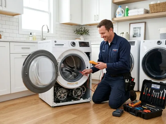Appliance Repair Hero technician testing a front-load washer with a multimeter on a Bedford, TX service call